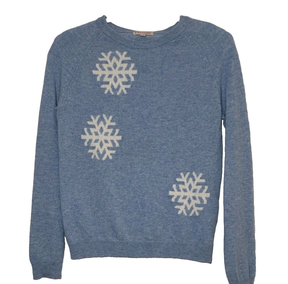 Philosophy Cashmere 100% Cashmere Blue Snowflake Crew Neck Sweater Women’s S
